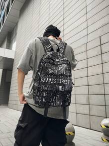 Casual Spacious Letter Print Multi-Pocket Snap Button Backpack, Unisex School/Travel Bag, Suitable For Students, School Season