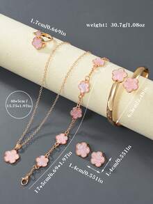 6pcs/Set Necklace, Bracelet, Earrings, Ring, Lucky Flower Necklace, Gold Earrings, Gold Ring, Gold Necklace, Gold Bracelet, Gold Bangle, Girl Jewelry Set, Suitable For Back To School, Party, Holiday