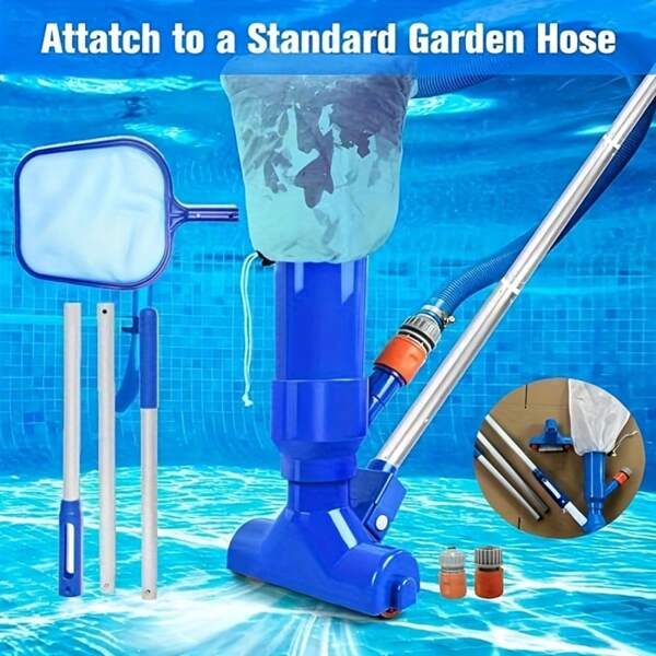 Aspiradora manual azul para piscina con cepillo, bolsa y accesorios - Limpiador subacuático para piscinas enterradas/sobre el suelo, herramienta de succión portátil con conector de manguera, eliminación eficiente de residuos, diseño fácil de usar, mango resistente