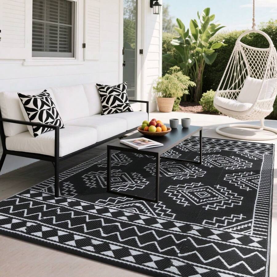 Modern Geometry Outdoor Plastic Area Rugs UV Resistant Reversible Waterproof Camping Throw Carpet Non Slip Stain Resistant Easy To Clean Floor Mat For RV Camping Beach Deck Porch PatioCamping  Picnic Backyard - Black White - View 1