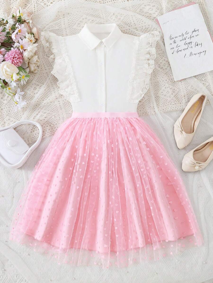 Completo per ragazze elegante con blusa senza maniche in pizzo floreale e inserto in rete e gonna a vita media a ruota, adatto per primavera ed estate