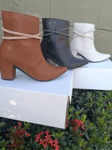 Women's Luxury Fashion Pointed Toe Boots With Rhinestone Straps Block Heel Comfortable And Elegant - 白色 - 查看 2
