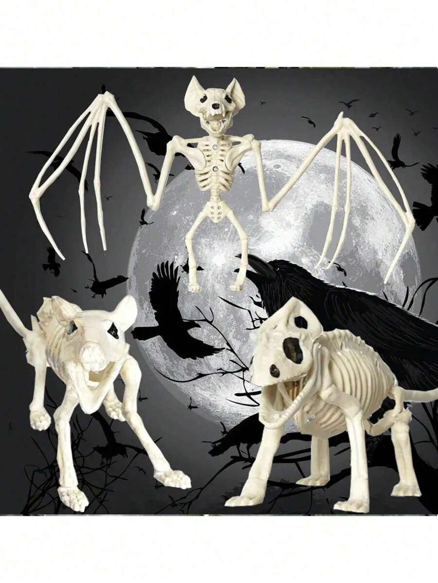 1 件逼真的蝙蝠骨架装饰，可调节的带头骨和翅膀的动物骨架，哥特式派对装饰，适用于室内/室外万圣节鬼魂装饰，易于安装，恐怖家居、派对和户外装饰，鬼屋道具，制作精良