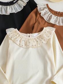 3pcs/Set Girls Casual Cute Floral Lace Trim T-Shirt And Polka Dot Ruffle Blouse - Multicolor - View 5