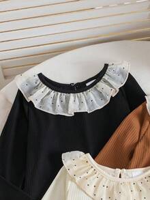3pcs/Set Girls Casual Cute Floral Lace Trim T-Shirt And Polka Dot Ruffle Blouse - Multicolor - View 3