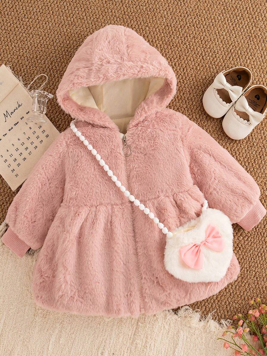 2pcs/Set Baby Girl Furry Hooded Zipper Cardigan And Heart-Shape Pouch Bag Thermal Lined Winter - Pink - View 1