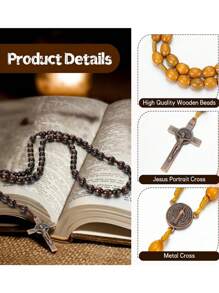 Wooden Bead Rosary Necklace Catholic Rosary Wood Carved Solid Beads With Jesus Cross Our Father With Velour Gift Pouch Baptism Favors Catholic Gift(Coffee, Wood)