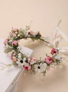 1 pieza Corona de flor de rosa de tela sintética, estilo europeo y estadounidense, para niña, diadema floral fresca y romántica, adecuada para niña de las flores, dama de honor, boda, actuación en el escenario, viaje, resort de playa, regalo