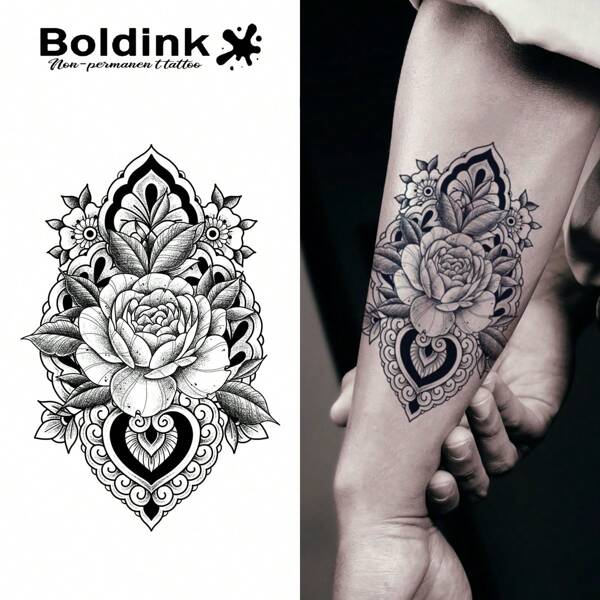 Boldink Boldink Temporäre Tattoos | 13-Blüten-Fibonacci-Blume + Herzschlagmuster | langanhaltend 14-Tage wasserfest