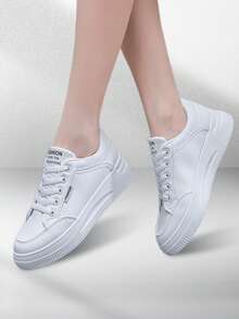 Tenis de Mujer Casuales y Cómodos: Zapatillas Deportivas de PU con Cordones, Suela Antideslizante, Ideales para Fitness, Running y Uso Cotidiano - Blanco - Ver 10