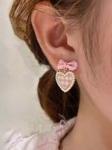1 Pair Cute Faux Pearl Heart & Bow Plaid Stud Earrings, Simple Elegant Earrings For Women