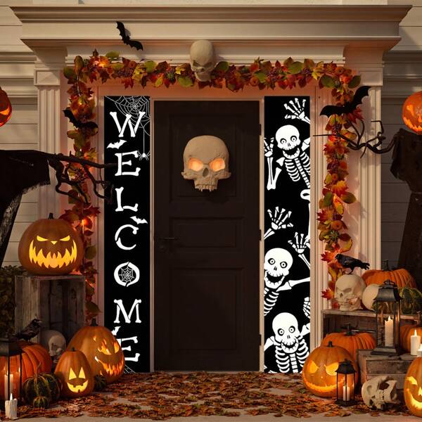 1pc Cartoon Halloween Couplet, Cartoon Ghost Skull Design Couplet, Suitable For Halloween Party, Holiday Party, Home Decor, Best For Halloween Decoration Couplet Fall Decor Room Decor