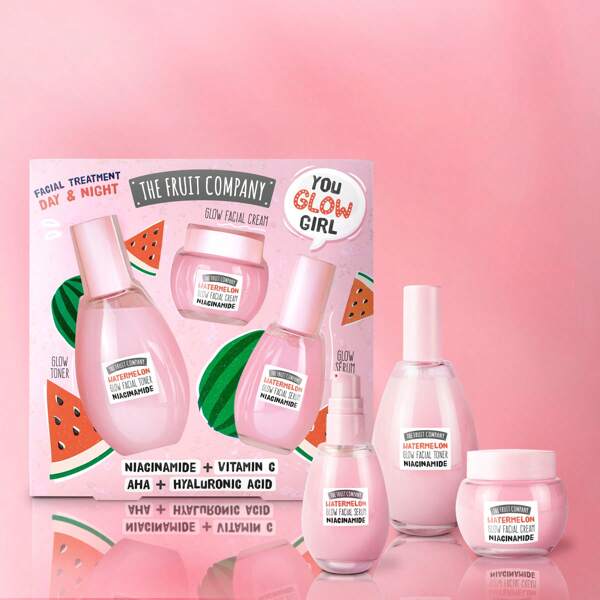 EverlyX Set Facial Glow Up Sandía The Fruit Company - Incluye Tónico, Sérum Y Crema Facial Con Niacinamida, Vitamina C, Ácido Hialurónico Y AHA - Hidrata, Ilumina Y Mejora El Tono De La Piel Día Y Noche - Rutina Completa En 3 Pasos - ✅ Envios A España En 24/48h