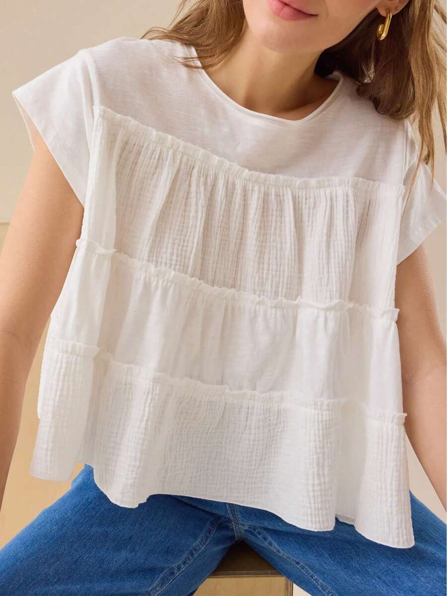 Women's Ruffle Cap Sleeve Flared Hem Blouse Shirt Tops - 白色 - 查看 1