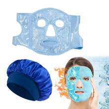 2 件套：缎面丝绸睡眠帽 + 凝胶冷热面膜包 | 宽边弹性卷发器干发帽，可重复使用冷热双重护理，无酒精保湿，睡眠，SPA，头发和皮肤护理组合，防毛躁和抗衰老