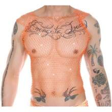 Men's Rave Outfit Sheer Rhinestone Top Sleeveless Tanks Crop Top Fishnet Vest Music Festival Shirthalloween - Orange-top - View 5