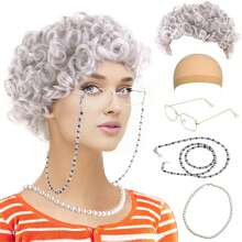 5Pcs Women's Wig COS GRANDMA Short Curly Hair GRANDPA Middle-Aged And Elderly Sketch Dressing Set, Grandmother Role-Playing Set, Interesting Elderly Woman Dressing Set Wearing Wig Hat, Pearl Necklace, Glasses Chain, Realistic Grandmother Costume Wig, Elderly Woman Costume Set Halloween Costume Party Elderly Woman Wig, Stage Performance Costume, Party Decoration Photography Props, Perfect For Giving To Family And Friends
