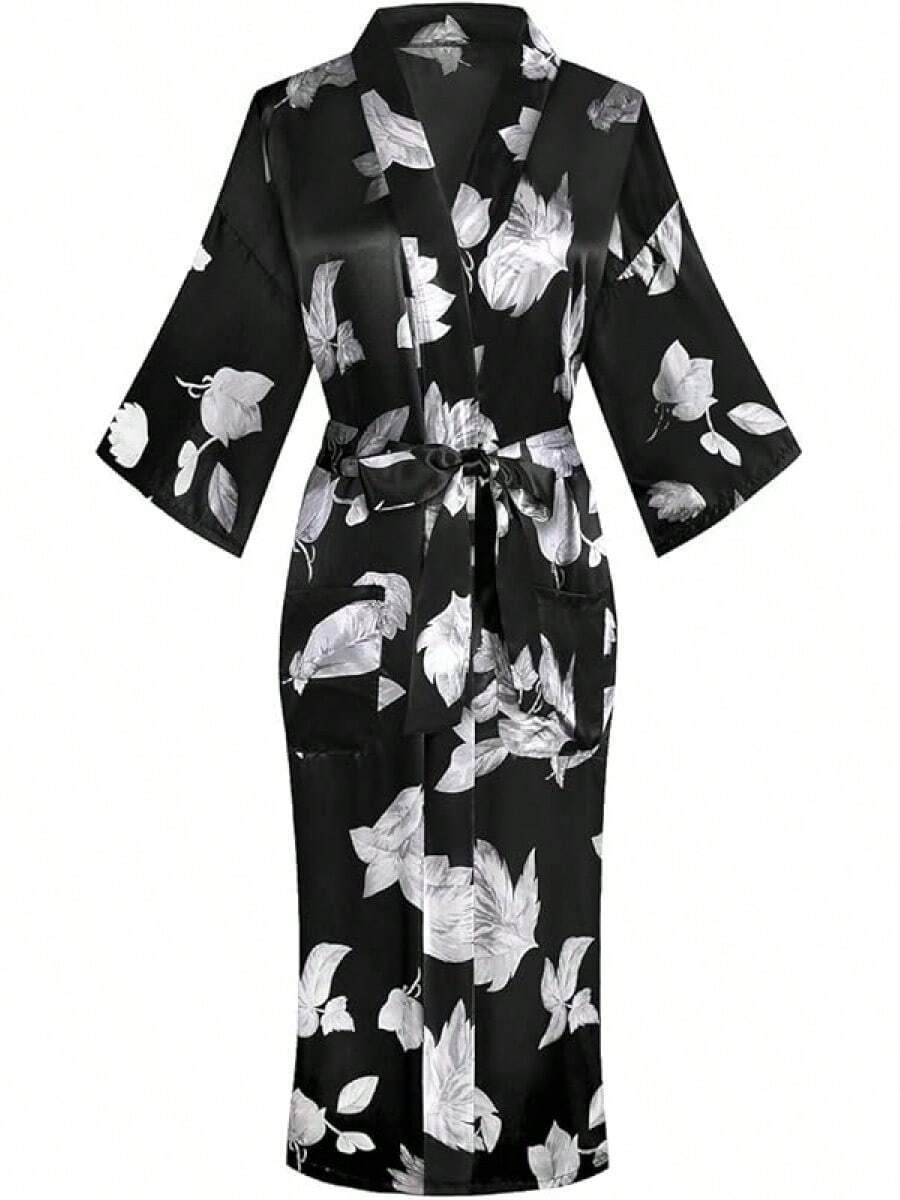 DandyChic Women's Long Floral Satin Robes Imitation Silk Sleepwear Bridal Dressing Gown For Bridesmaid Nightgownhalloween - 黑色/葉 - 查看 1