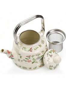 1.8 Quart Vintage Enamel Stovetop Tea Kettle, Retro Green Floral Enamel On Steel Teapot With Removable Infuser, For Home, Kitchen, Camping, Gift For Wedding, Housewarming, Bridal Shower - 1 - Xem 3