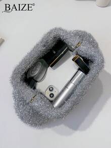 ENBEI BAIZE 优雅银色手拿包 - 大号化妆包，女士包，耐用，多功能女士沙滩包，亮片包，女士夏季钱包，适合日常使用和节日场合，舞会，婚礼闪光，婚礼手拿包，婚礼季节纪念品包