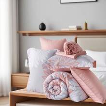 7 Pieces Chic Floral  Printed Bed Comforter Sets, Queen King, Soft And Comfortable Summer Bedding Sets, Bed In A Bag, Hotel Bedroom Room Decoration, 1 Comforter 2/4 Pillowcases, 1 Flat Sheet And 1 Fitted Sheet, Perfect Gift For All Four Seasons - Pink - View 5