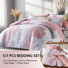 7 Pieces Chic Floral  Printed Bed Comforter Sets, Queen King, Soft And Comfortable Summer Bedding Sets, Bed In A Bag, Hotel Bedroom Room Decoration, 1 Comforter 2/4 Pillowcases, 1 Flat Sheet And 1 Fitted Sheet, Perfect Gift For All Four Seasons - Pink - View 2