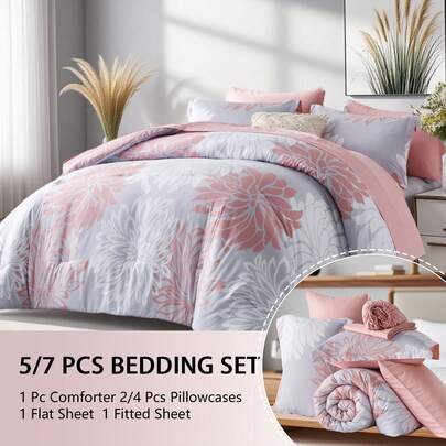 7 Pieces Chic Floral  Printed Bed Comforter Sets, Queen King, Soft And Comfortable Summer Bedding Sets, Bed In A Bag, Hotel Bedroom Room Decoration, 1 Comforter 2/4 Pillowcases, 1 Flat Sheet And 1 Fitted Sheet, Perfect Gift For All Four Seasons