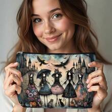 Geantă de machiaj gotică multifuncțională – cu modele de vrăjitoare, pisică neagră și bufniță, geantă de călătorie portabilă din pânză, ideală pentru călătorii, gustări, monede, cu model elegant de castel, cadou perfect pentru surori