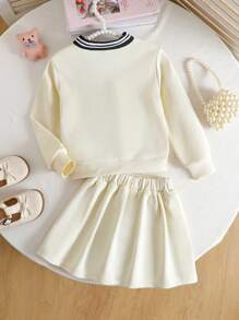 2pcs/Set Young Girl Casual Polo Collar Embroidery Top And Pleated Skirt