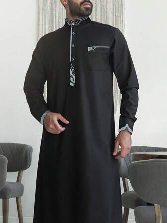 男士中东传统文化长袍，薄荷绿条纹刺绣衬衫，带胸袋，优雅黑色长袍