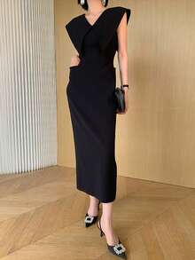 优雅无袖立领黑色连衣裙，适合通勤 - 黑色 - 查看 7