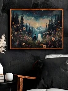 1 件异想天开的万圣节墙画，魔法森林里的幽灵，野花草地帆布海报，魔法森林里的幽灵和黑猫墙画，迷人的恐怖秋季黑暗学院风印刷画，卧室装饰，客厅装饰，办公室装饰 - 彩色 - 查看 13