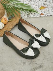 Women's Plus Size 36-43 Spring Autumn New Design Sweet Bow Round Toe Green PU Upper Outdoor Slip On Fashion Flats, Versatile Wear With Dress, White Comfortable Casual Shoes