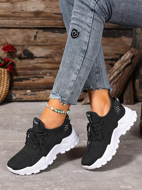 2025 Women's Comfortable Tennis Shoes, Suitable For Gym, Vacation, Black & White Sneakers, Lace-Up Low-Top Running Shoes And Casual Shoes, All-Season Wear, Non-Slip PVC Sole