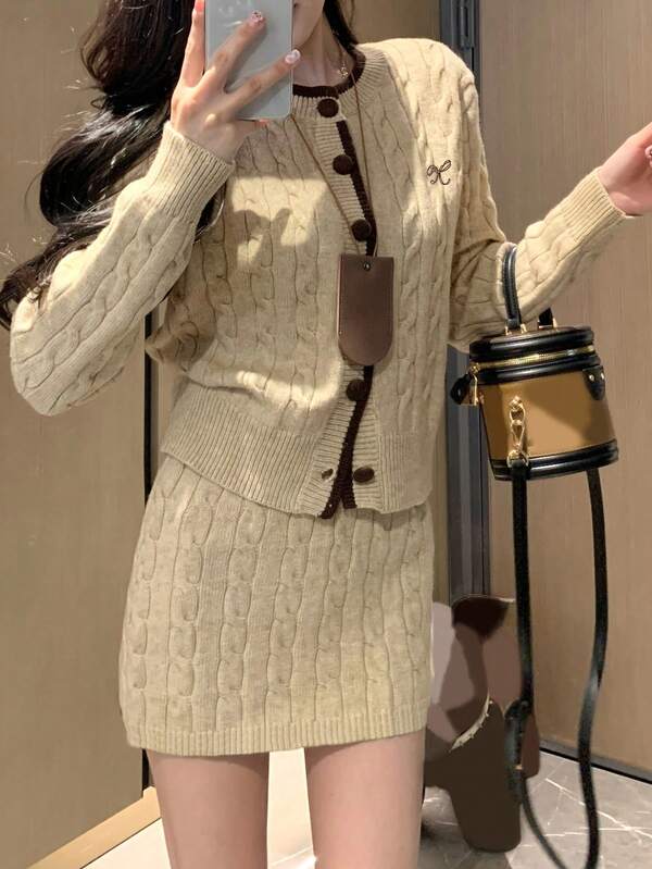 Alicedudu Women's Elegant Contrast Trim Knitted Sweater Cardigan And Midi Skirt 2 Pieces Set, Autumn/Winter