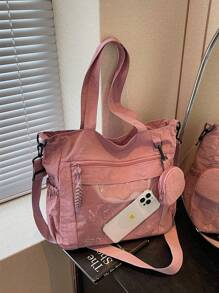 1 pieza Bolso de mujer tipo tote de nylon rosa, simple y ligero, de gran capacidad, bolso de hombro plegable, estilo universitario/escolar, con múltiples bolsillos, bolso de moda lindo con monedero.