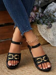 女士夏季时尚亮片装饰带扣露趾厚底凉鞋，舒适休闲户外穿着黑色坡跟厚底拖鞋