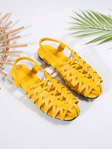 Women's Fashion Casual Woven Hollow Breathable Roman Flat Sandals - Yellow - View 7
