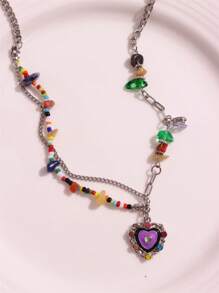 Color Bead Heart Necklace, Vintage Multicolored Stone Enameled Heart Pendant Necklace, Choker Necklace For Girls (Random Color/Placement)