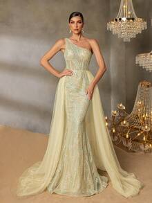 Faeriesty Elaborate Women's Sleeveless Sequined Gown With Asymmetrical Neck Design And Lace Up Back Detail For Evening - Champagne - View 1