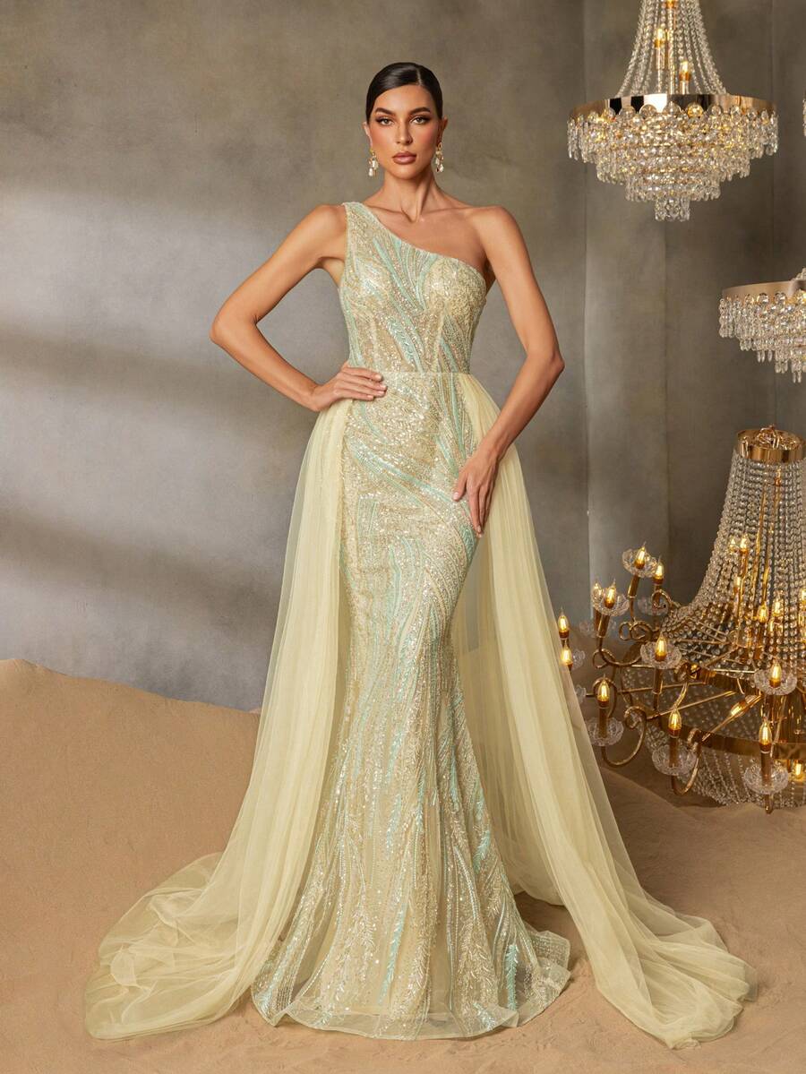 Faeriesty Elaborate Women's Sleeveless Sequined Gown With Asymmetrical Neck Design And Lace Up Back Detail For Evening - Champagne - View 1