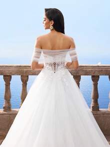 HEARBOBO 露肩白色订婚性感网眼 A 字形婚纱新娘带拖尾 - 白色 - 查看 5