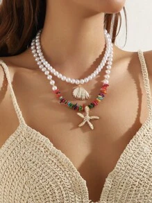 1 Peça Colar Artesanal Multicamadas com Contas de Pedra, Pérola, Pingente de Estrela do Mar Dourada de Metal, Para Mulheres Festa de Praia Viagem de Férias, Colar de Pérola de Concha Estrela do Mar, Acessório de Roupa de Praia para Meninas, Colar de Joias Exageradas, Colar de Estrela do Mar Robusto