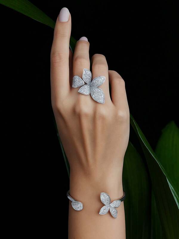 2pcs Gold Color Fashion Rhinestone Flower Bangle Ring Jewelry Set For Women Extra Large Flowers Jewelry Set Party