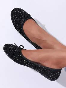 Ballet Dance Flats, Round Toe Black Bow, Crystal Decor, Soft & Comfortable Flat Bottom, Lightweight, Slip-On, Suitable For Work, Travel, Vacation, Party, Casual, Elegant, Adorable Lady Loafers - Black - View 6