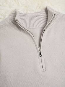 Men's Casual Solid Color Stand Collar Zip-Up Sweater, Versatile & Minimalist - Light Grey - View 3