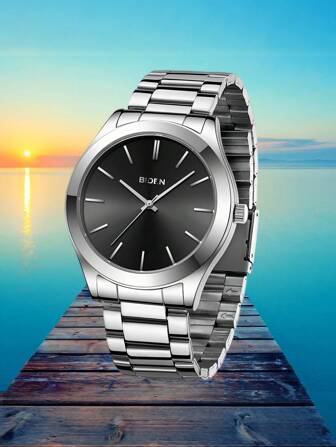 BIDEN 1 pieza Reloj de hombre con correa de acero inoxidable impermeable, reloj de negocios sencillo, regalo para hombres