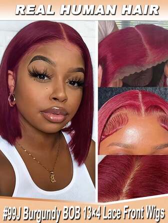 13x4 直发勃艮第酒红色鲍勃假发 - 99J 真人发蕾丝前部，含婴儿头发，自然发际线，150% 密度，透明蕾丝，优雅酒红色女士发型