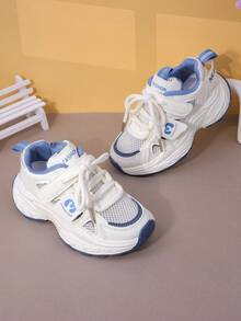 儿童厚底休闲运动鞋春秋季新款软底防滑女童运动鞋，男童透气跑步鞋带钩环，舒适男女通用校园学生宝宝网眼鞋 - 藍色 - 查看 7