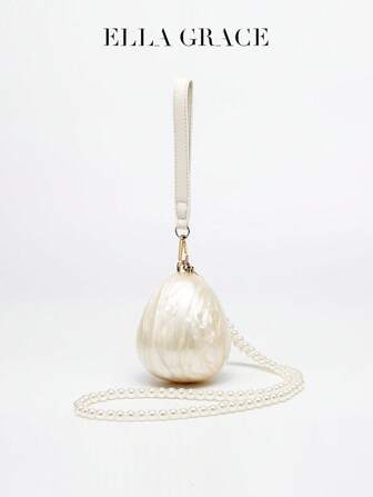 迷人的象牙色亚克力晚宴包，形似鸡蛋，镶嵌一颗天然宝石，饰以珍珠链，拥有大理石纹路和宝石般的闪耀。非常适合婚礼派对、其他正式场合、情人节、年终派对和庆祝宴会。是特殊场合的贴心礼物，也是馈赠佳品。